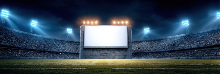 Large Blank White Screen in a Stadium at Night with Floodlights