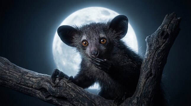 Mysterious aye-aye lemur with striking orange eyes, perched on a gnarled tree branch against a large, luminous full moon in a dark night sky, creating a dramatic and captivating nocturnal wildlife