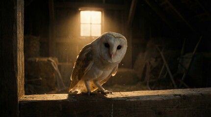 Barn owl perched on a wooden beam inside a dimly lit rustic barn, bathed in a soft glow from a distant window, creating a serene and mysterious atmosphere with cinematic lighting and intricate feather