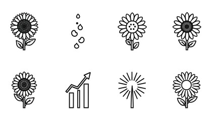 A collection of black and white line drawings featuring sunflowers and business growth symbols on a white background