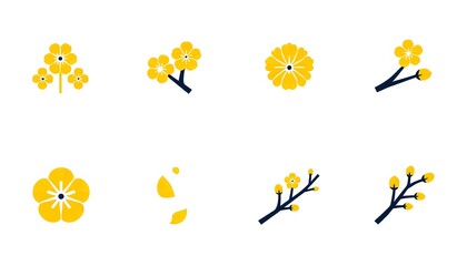A minimalist illustration of yellow flowers and branches on a white background