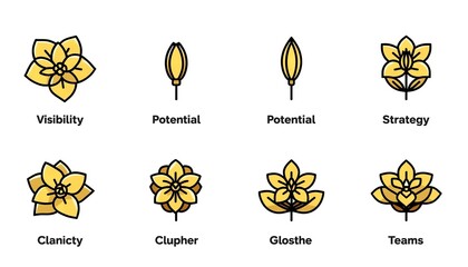 A graphic illustration of yellow flowers representing business concepts like visibility, strategy, and teamwork.