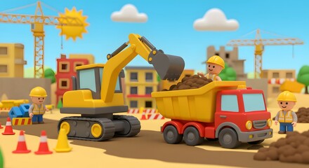 3D Cartoon Excavator Loading Soil into Dump Truck at Active Construction Area