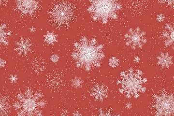Seamless pattern of delicate white snowflakes and glittering dust falling on a warm red background for festive winter holidays