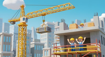 3D Cartoon High-Rise Building Construction with Cranes and Workers in City