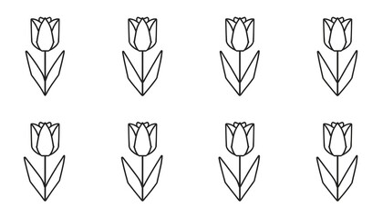 A minimalist line drawing of eight tulips arranged in two rows on a white background