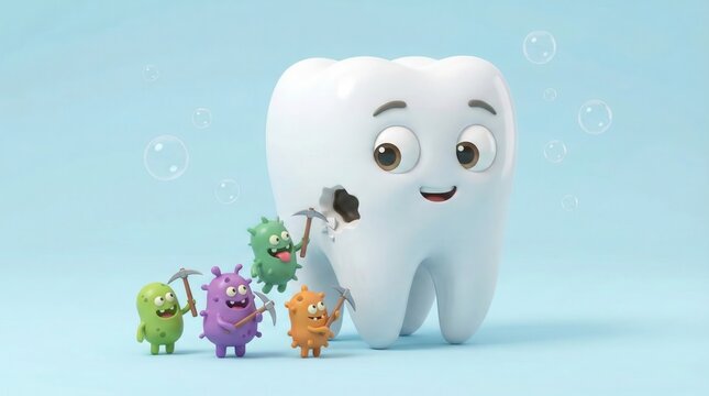 Funny 3D illustration of white molar tooth being destroyed by little germ monsters with pickaxes. Dental cavity and caries concept.