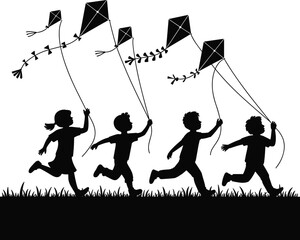 Children flying kites silhouette illustration, kids running outdoors, childhood freedom joy play imagination concept