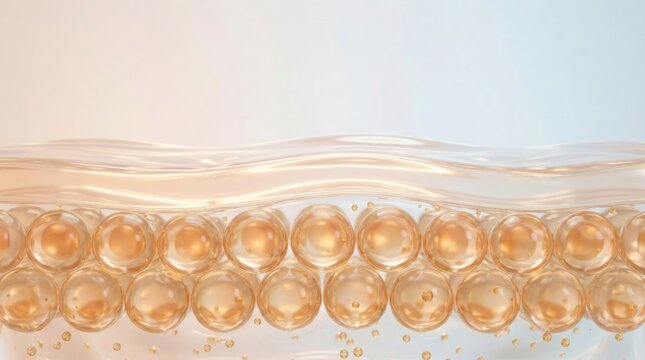 Microscopic view of skin layers with golden oil or serum bubbles for cosmetic and dermatological treatment concept