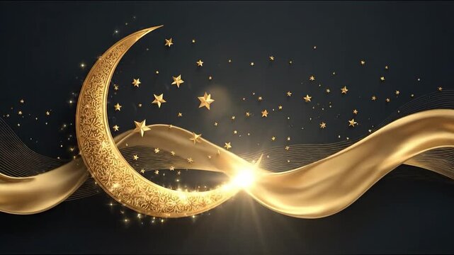 Golden ornate crescent moon and stars with flowing silk ribbon, luxury animated Islamic background for Ramadan and Eid Mubarak celebration.
