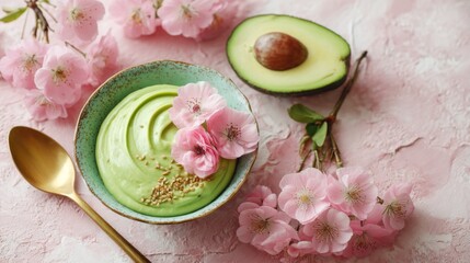 Fresh avocado puree in a bowl garnished with cherry blossoms and sesame seeds on a pink textured background with an avocado half and a golden spoon
