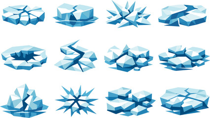 Low-Poly Ice Icons. Winter ice cracking and fractured frozen river visualized as a low-poly vector icon set with sharp polygon