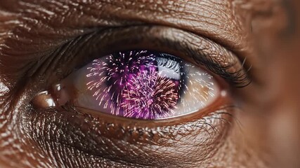 Eye with vibrant fireworks reflecting in pupil