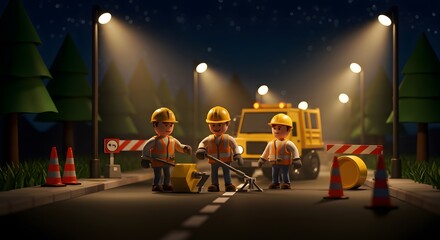 3D Cartoon Construction Workers Working Together at Night Site