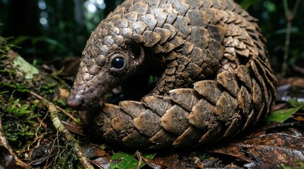 Obraz premium Majestic pangolin curled into a protective ball on the dark, moist forest floor, showcasing its intricate scaly armor and small, dark eye, captured in a detailed close-up shot 