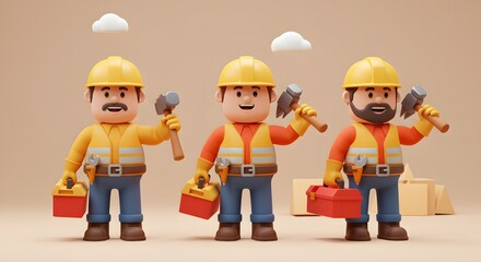 3D Cartoon Construction Workers Standing with Toolboxes Ready for Work