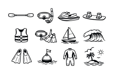 Obraz premium Black and white line icons of summer water sports equipment including goggles, snorkel, surfboard, jet ski, fins, sailboat, wave, buoy, and wetsuit