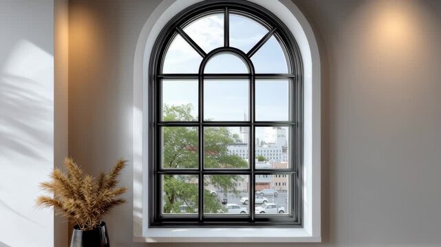 Elegant window frame showcasing a view of urban landscape with greenery outside, highlighting architectural design and natural light filtering through glass panes in a modern interior setting