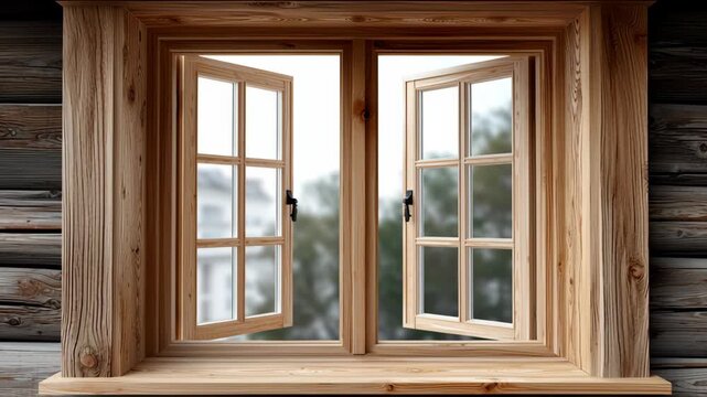 Wooden window frames opening gradually to reveal a blurred outdoor view, showcasing the transition from closed to fully opened, enhancing natural light and outdoor ambiance in a rustic setting