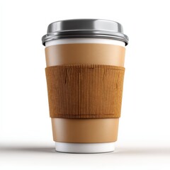 Takeaway Coffee Cup with Cardboard Sleeve and Lid on White Background