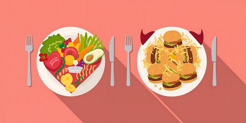 Fototapeta premium Balanced diet vs fast food temptation illustration comparing colorful healthy meal with junk food plate showing contrast in nutrition and lifestyle choices , world food day concept