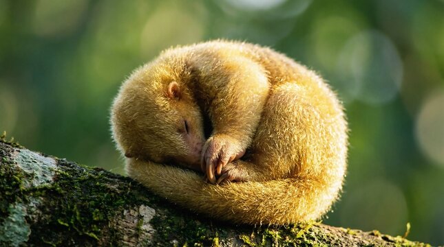 Adorable golden silky anteater curled up in a tight ball, peacefully sleeping on a moss-covered tree branch, showcasing its soft fur and unique form in a serene jungle environment. 