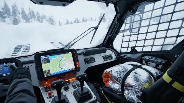 Snowplow cockpit view navigating through winter weather conditions video