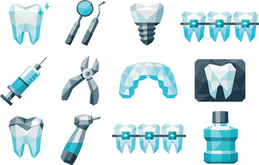Dental Care Icon Set. Low-poly geometric icon set focused on dental care and treatment, including healthy teeth, dental tools,
