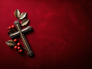 holly cross on red background