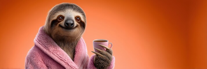 Obraz premium Cute Sloth in Pink Bathrobe Enjoying a Morning Coffee