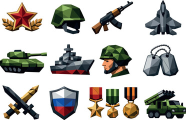 Defender Day Icons. Stylized low-poly Defender of the Fatherland Day icons designed with sharp angular polygons and faceted