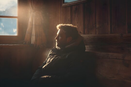 Man resting on wooden bench inside rustic alpine chalet