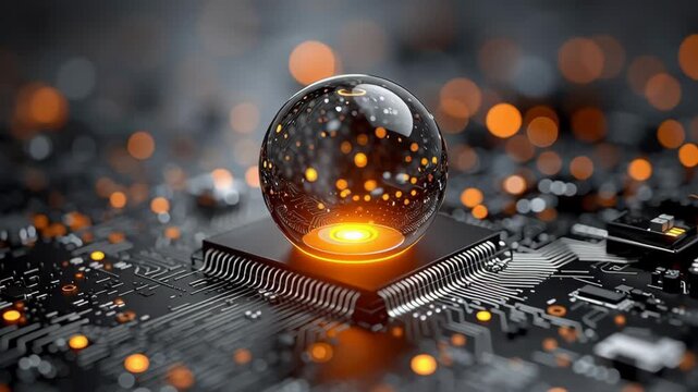 Glowing orb of light positioned on a microchip with intricate circuitry, showcasing a dynamic visual progression of luminous elements and electronic components in a high-tech environment