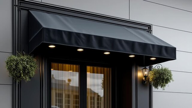 Elegant black awning over entrance with decorative hanging plants and warm lighting illuminating the doorway, showcasing architectural details and inviting ambiance for commercial or residential setti