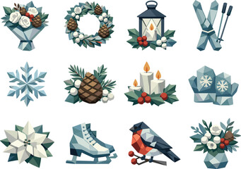 Winter Floral Icons. Seasonal winter bouquet and cold-weather floral decor represented through a professional low-poly vector icon