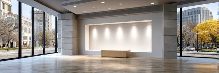Modern Empty Gallery Interior with Large Windows and City View