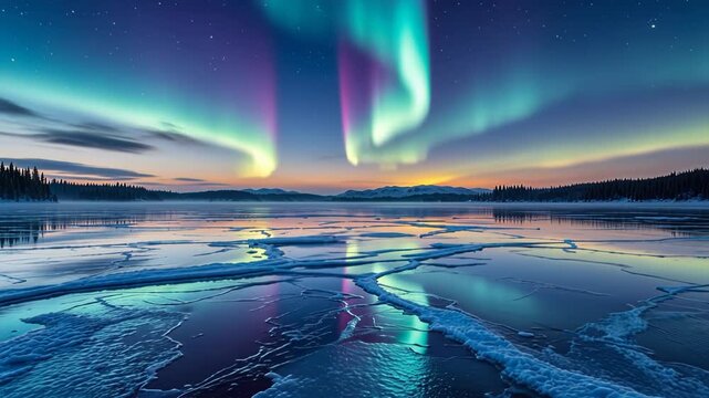 Stunning northern lights reflecting on the icy surface of a lake during a vibrant winter night