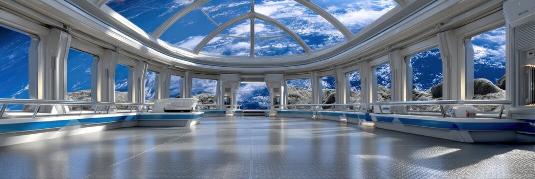 Futuristic Space Station Observatory Overlooking Earth and Moon