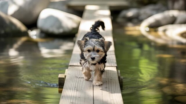 Adorable morkie puppy walking on log bridge over calm stream