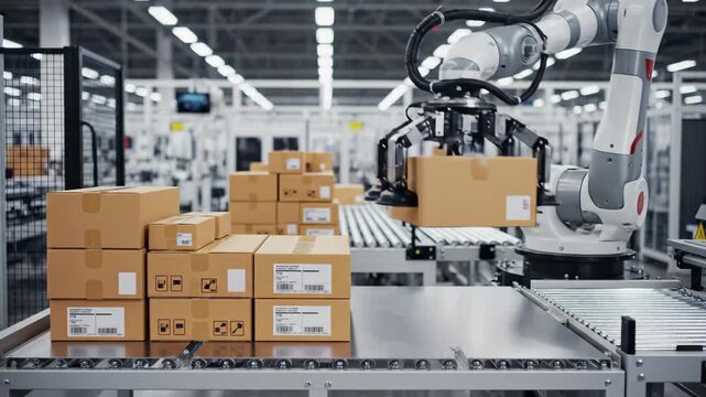 Robotic arm sorting packages in an automated warehouse setting