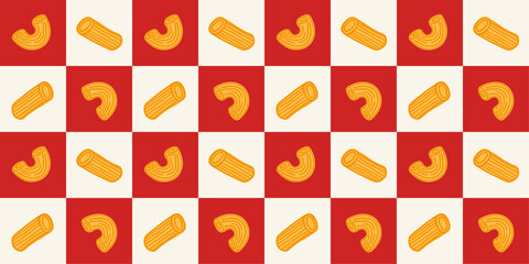 Italian Pasta Bistro Red and White Checkered seamless pattern background. Checkerboard with hand drawn penne and macaroni. Kitchen fabric or textile. Vector illustration art
