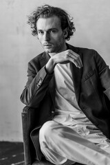 Portrait of a handsome young stylish sexy man in a white shirt, jacket, jeans posing in studio with a loft interior. Black and white. Casual clothes, modern style. Male groom wedding photoshoot