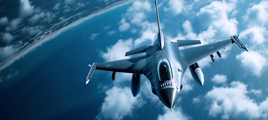 Top-down view of modern stealth multirole combat aircraft soaring above clouds with arid mountains and desert terrain below. Advanced military aviation and cutting-edge defense technology scene.