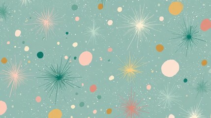 Whimsical abstract pattern with scattered colorful organic shapes and starbursts on a muted teal background