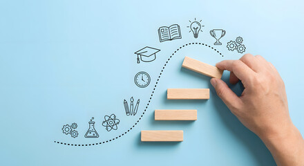hand placing wooden block on staircase with education icons