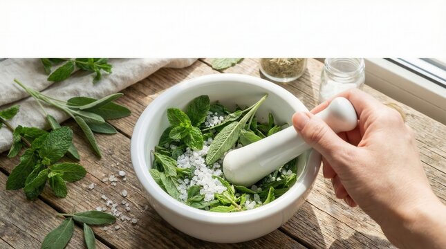 Preparation of natural home remedies. Medicinal plants and salt in crushing bowl. Alternative medicine and homeopathy concept.