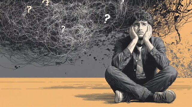 Expressive illustration of an overwhelmed adult surrounded by chaotic thoughts, perfect for commercial use in mental health, ADHD, and executive function concepts
