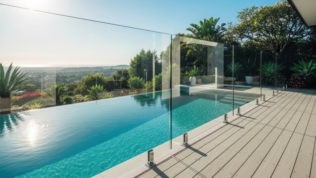 Modern infinity pool with a glass fence overlooking a scenic landscape. Luxury architecture for vacation and resort design.