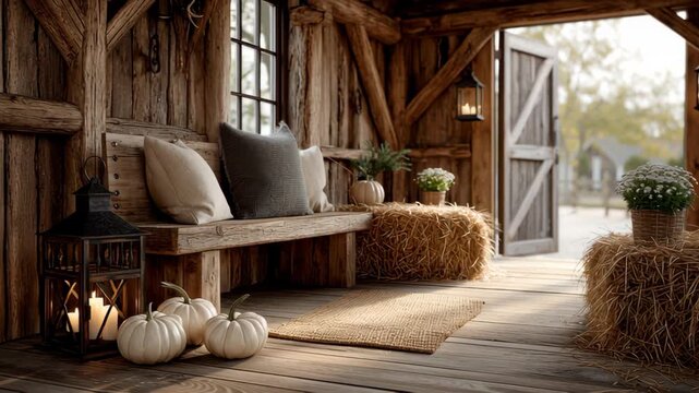 Cozy rustic interior featuring wooden bench adorned with cushions, decorative pumpkins, and lanterns, creating a warm atmosphere in a charming barn setting with natural light streaming through the ope