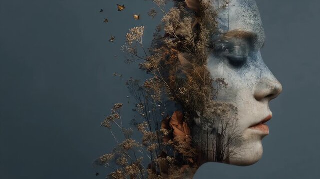 Surreal double exposure portrait blending nature and human profile, symbolizing ADHD, hyperfocus, and emotional dysregulation for impactful commercial visuals